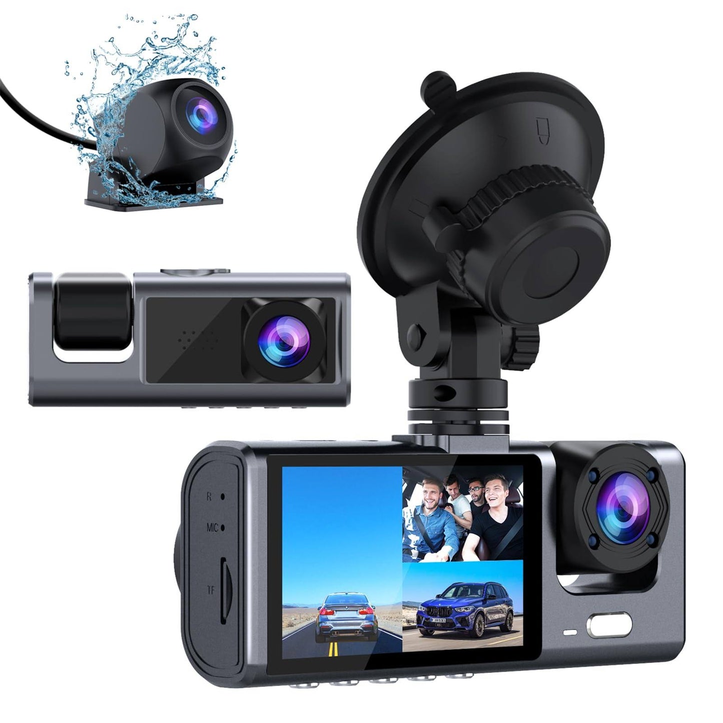 3 Channel Dash Cam Front And Rear Inside, 1080p Dash Camera For Cars, Dashcam Three Way Triple Car Camera With Ir Night Vision, Loop