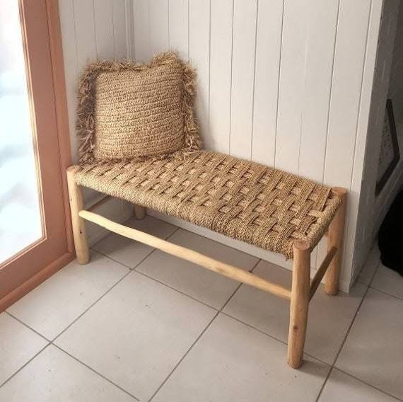 Traditional Wooden Straw Bench, Berber Chair Made With Palm Leaf, Moroccan Bench Solid Wood,Vintage Woden Bench, Vintage Stool