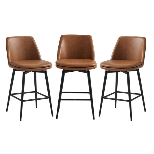 Swivel Counter Stool -26 | Chita -Chitaliving.Com, Faux Leather / Saddle Brown / Set Of 3