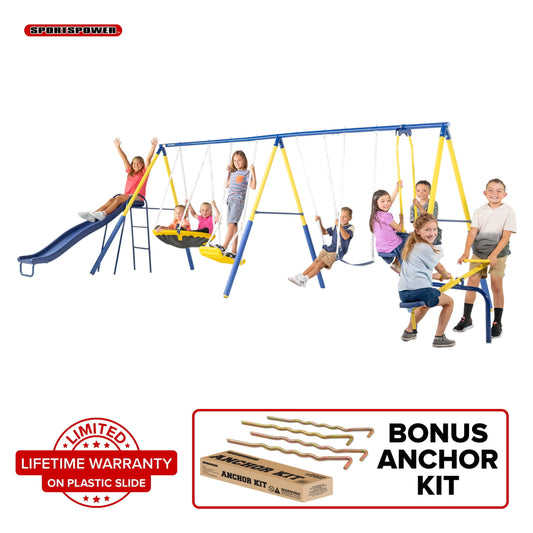 Super 10 Metal Swing Set With Saucer Swing, Standing Swing, Teeter-Totter, Lifetime Warranty On Blow Molded Slide, And Bonus Anchor Kit,