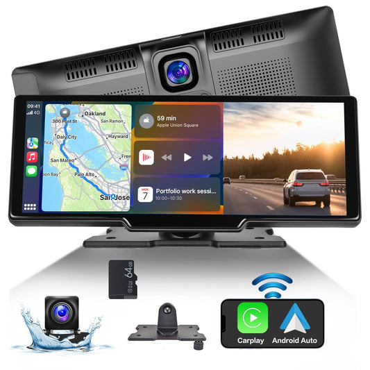 Wireless Carplay Android Auto Portable Car Stereo, 10.26 Inch Hd Car Play Screen With 2.5k Dash Cam, 1080p Backup Cam, 64g Tf Card, Loop