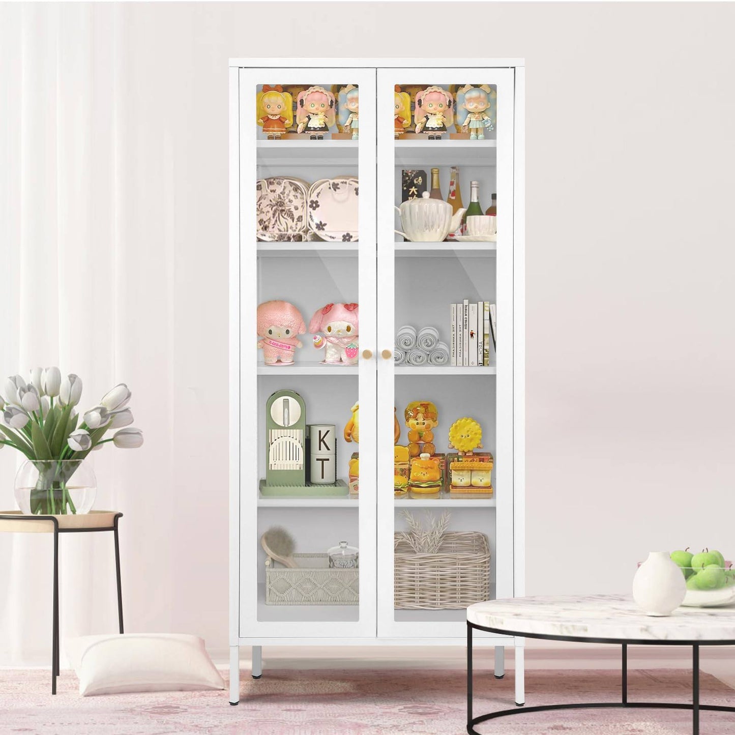 White Metal Storage Cabinet, Tall Curio Display Glass Cabinet Bookcase With 2 Glass Doors And 4 Shelves