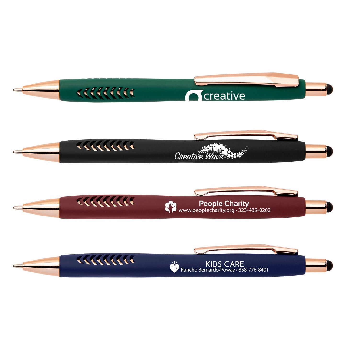 100 Soft Touch Basilia Stylus Pen With Rose Gold Trim - Personalized Custom Promotional Pens By Pens.Com