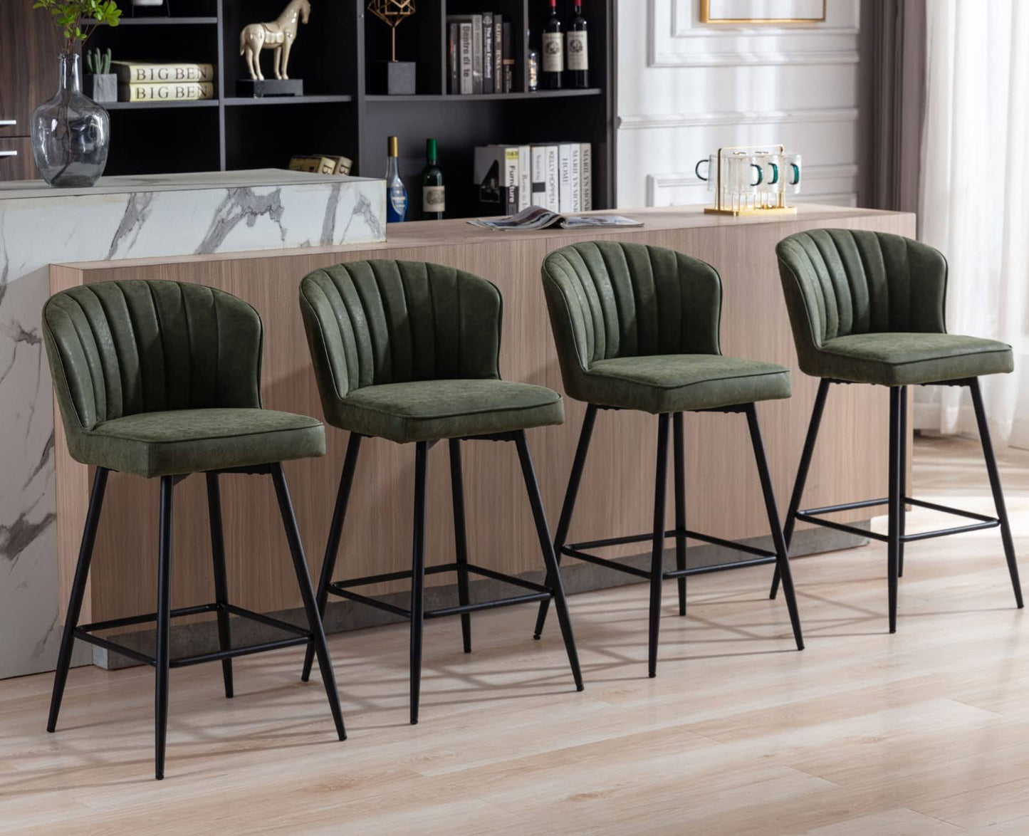 26 Inch Counter Height Bar Stools Set Of 4 Leather Counter Stools With Back Modern Comfortable Bar Chairs With Metal Footrest Upholstered