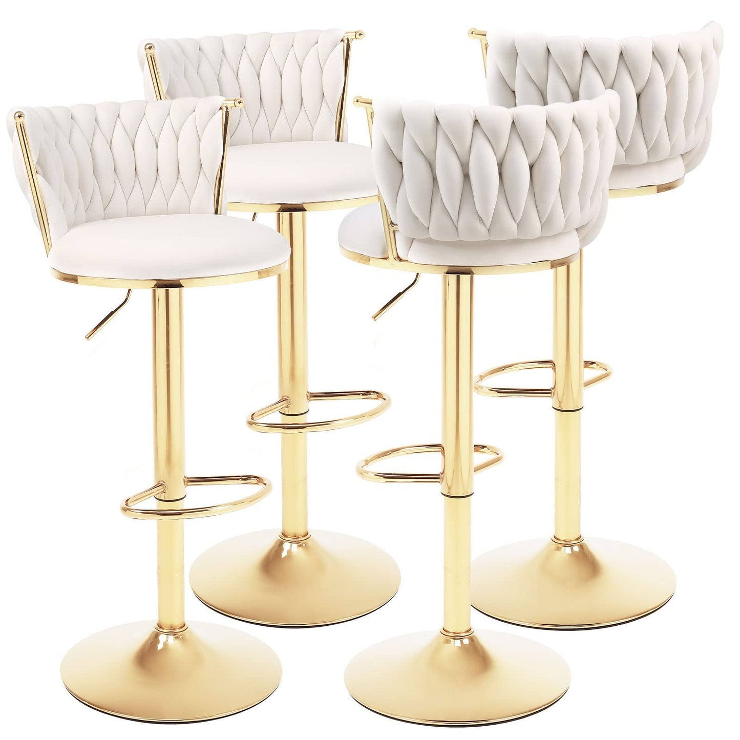 Velvet Bar Stools Set Of 4,360° Woven Modern Gold Bar Stools,Swivel Adjustable Height Barstools With Backs Gold Metal Tall Kitchen Counter