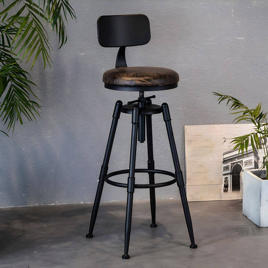 Swivel Adjustable Height Stool Home Iron Bar Stool - Dark Brown Leather With Back 1 Piece