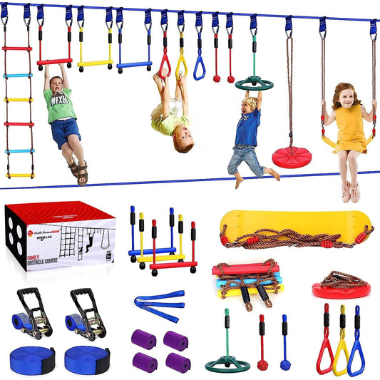 2x65 Ft Ninja Warrior Obstacle Course For Kids With 13 Ninja Accessories - 600lbs Weight Capacity, Slackline With Swing Seat, Disc Swing, Ninja